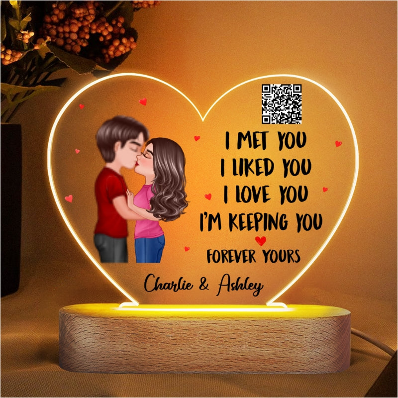 Doll Couple Kissing I Met You Favorite Song Scannable QR Code Gift For Him For Her Personalized Acrylic Heart Plaque LED Night Light