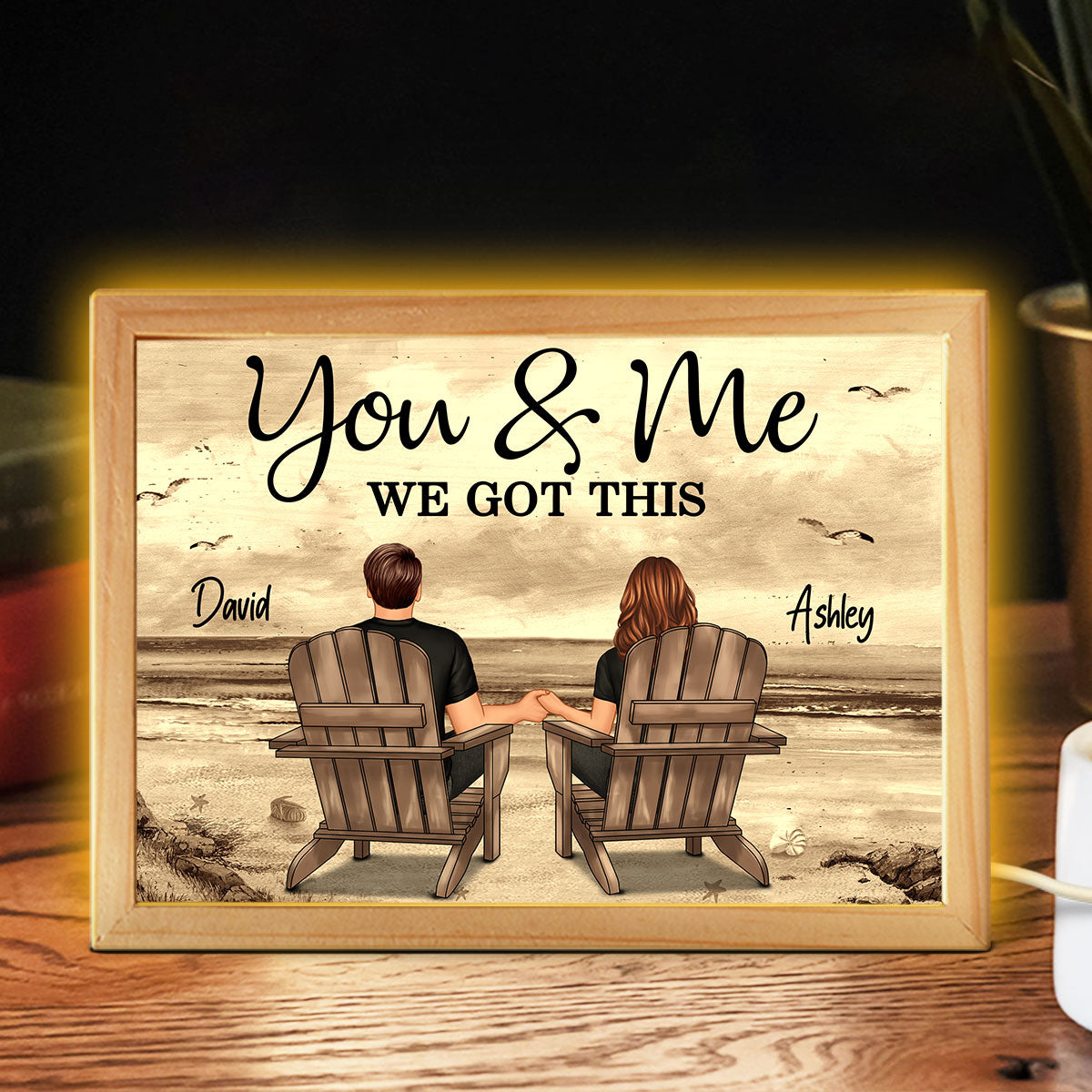Back View Couple Sitting Beach Landscape Personalized Wooden Frame Light Box