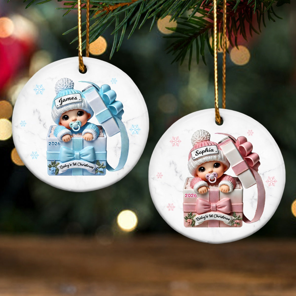 Baby Inside Gift Box Personalized Ceramic Ornament, Baby First Christmas Keepsake
