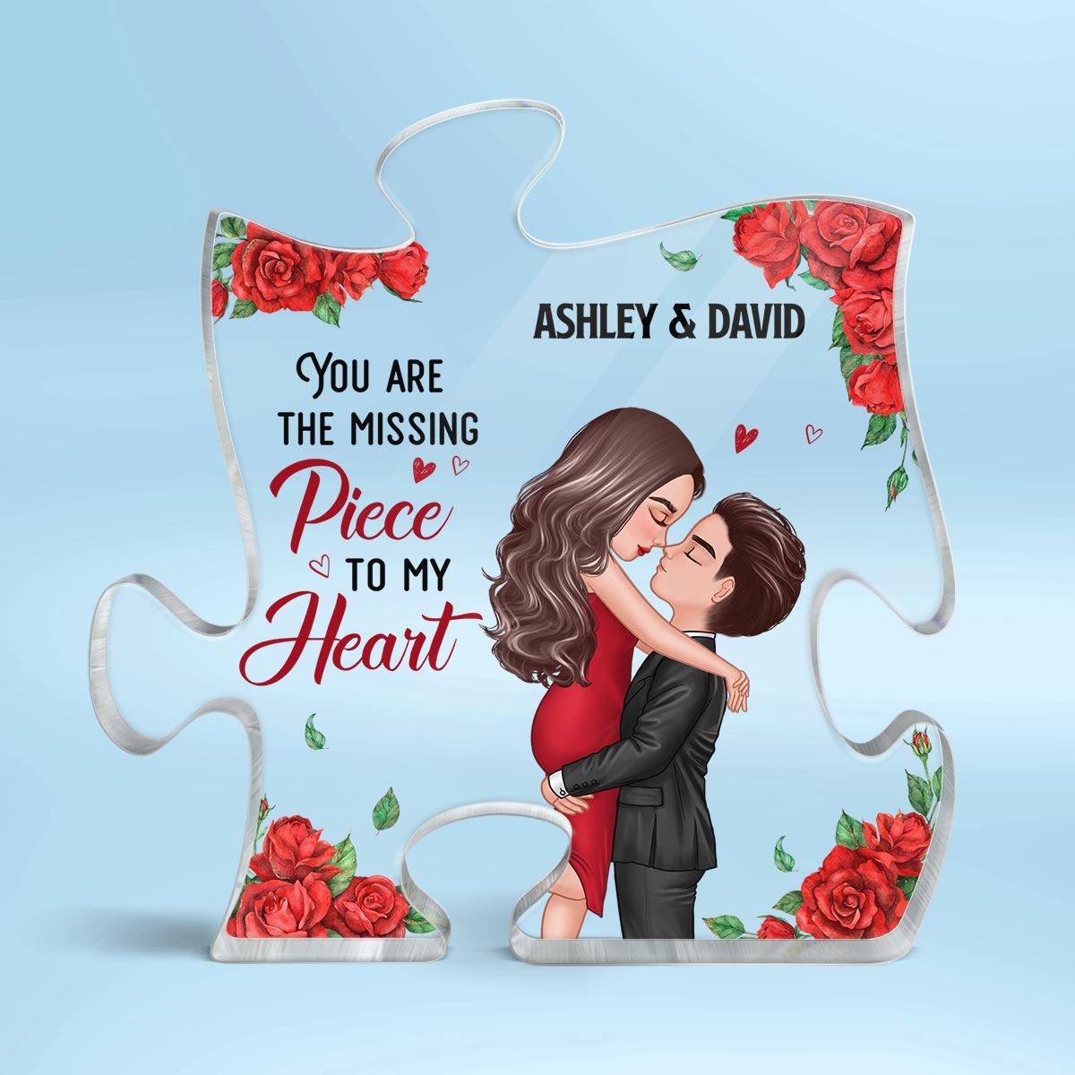 Rose Pattern You Are My Missing Piece Doll Couple Hugging Kissing Gift For Him For Her Personalized Puzzle Acrylic Plaque