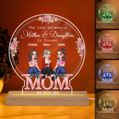 MOM We Love You Pretty Cartoon Mother Daughters Floral Personalized Custom Shape Acrylic Plaque With LED Night Light