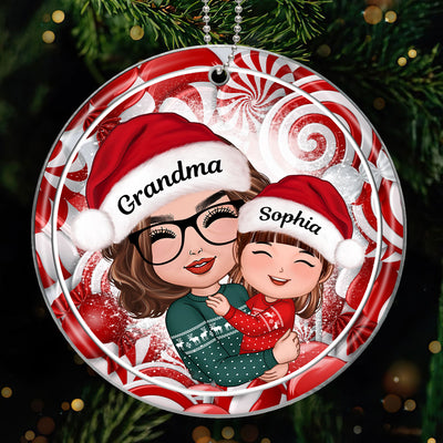 Christmas Candy Cane Grandma Hugging Grandkid Personalized Acrylic Ornament