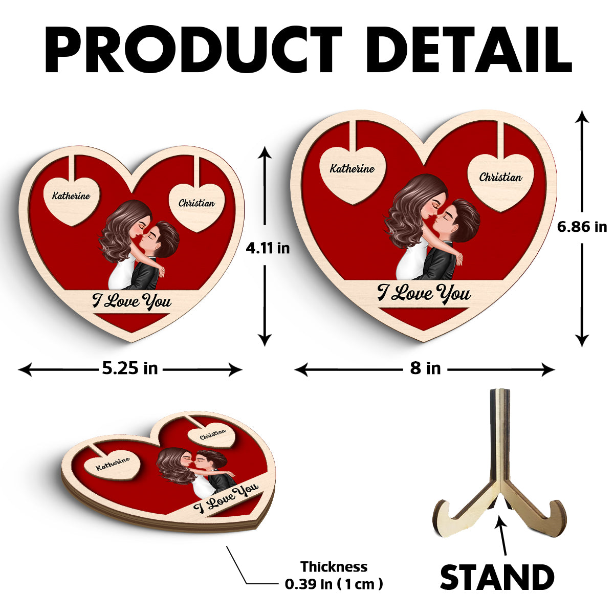 Couple Kissing Two Hearts Custom Message Personalized 2-layer Wooden Plaque