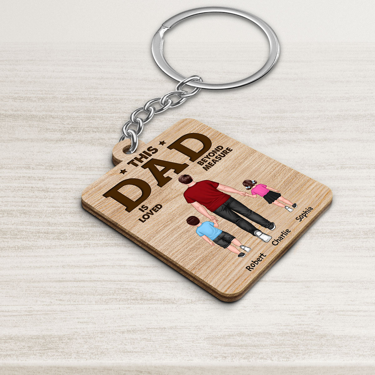 This Dad Is Loved Beyond Measure Back View Dad And Sons Daughters Walking Personalized Wooden Keychain