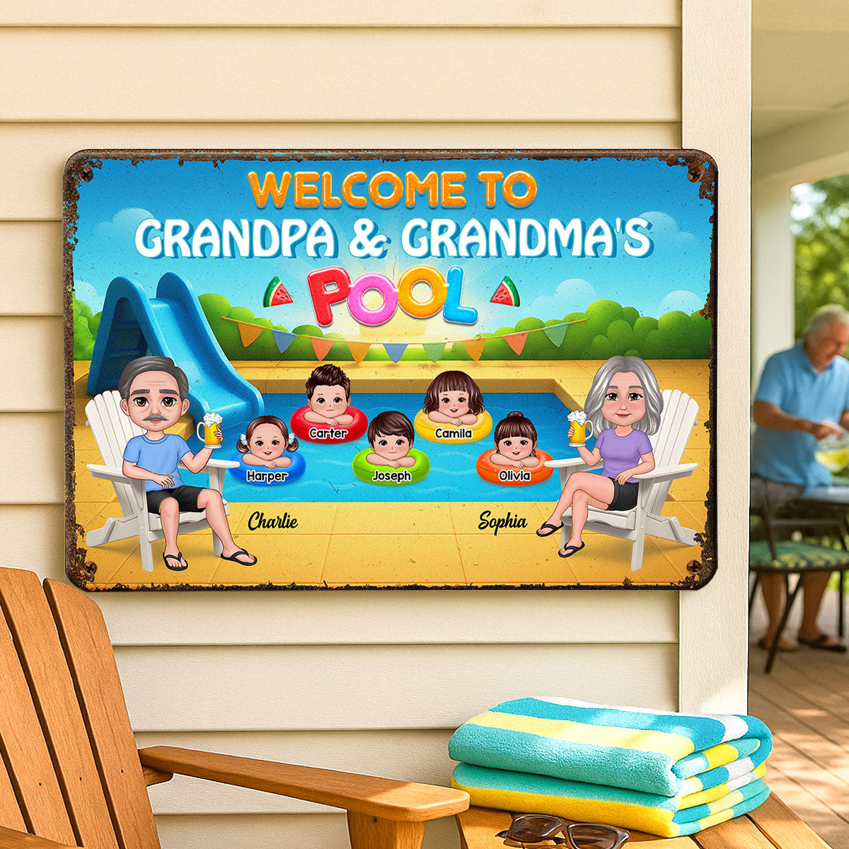 Summer Vibe Welcome To Grandpa Grandma Grandparents Pool Personalized Metal Sign