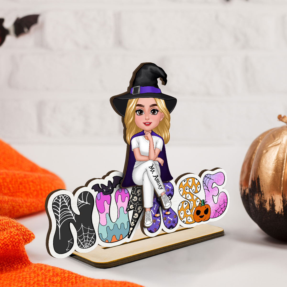 Nurse Sitting Halloween Pattern Personalized Standing Wooden Plaque