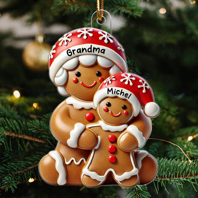3D Effect Gingerbread Grandma Hugging Grandkid Christmas Personalized Acrylic Ornament, Gift For Granddaughter, Grandson
