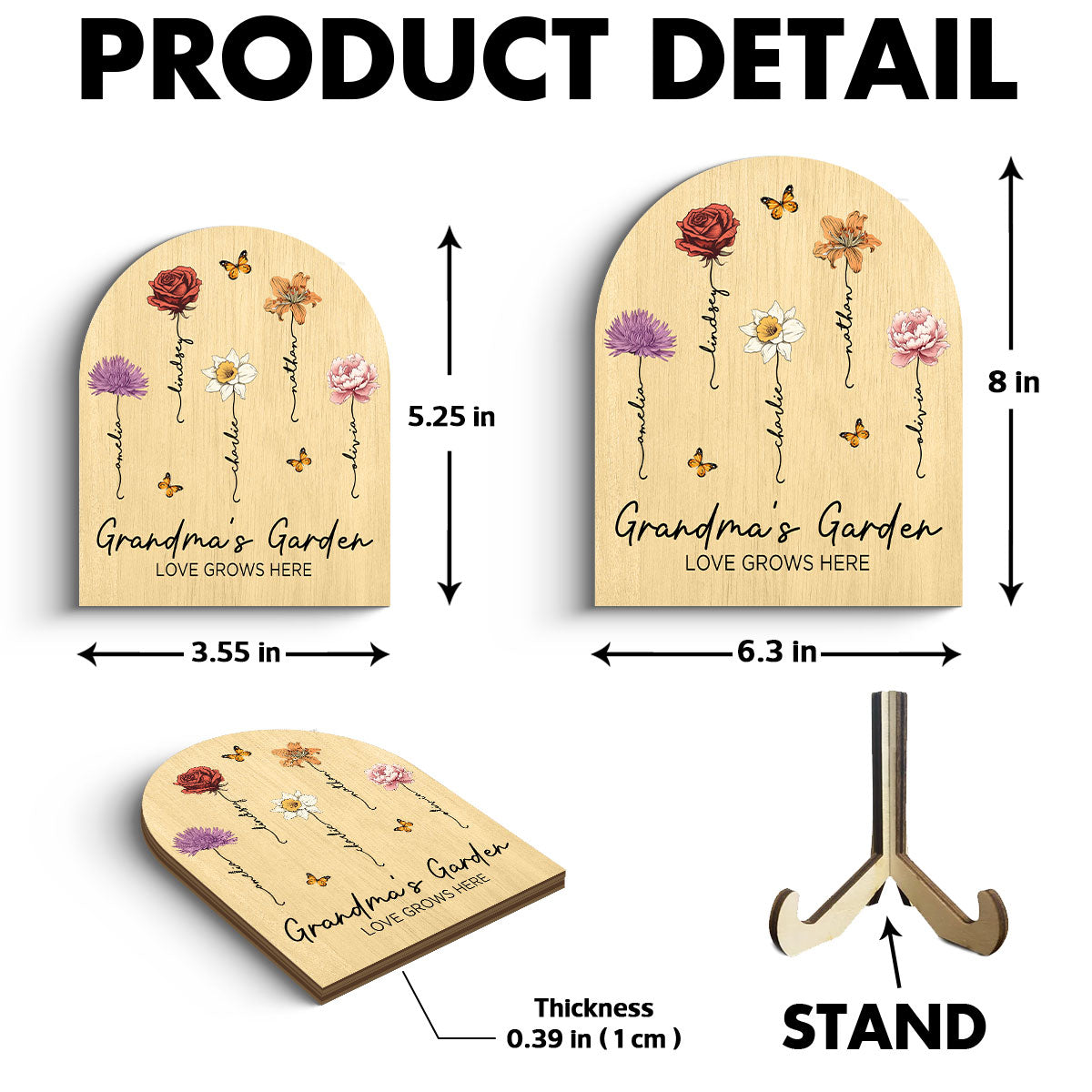 Grandma's Garden Beautiful Birth Month Flowers Dome Shaped Personalized Wooden Plaque
