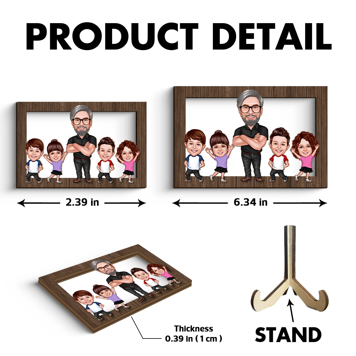 Dad Grandpa Kids Caricature Frame Personalized 2-Layer Wooden Plaque, Father's Day Gift For Dad, For Husband, For Him