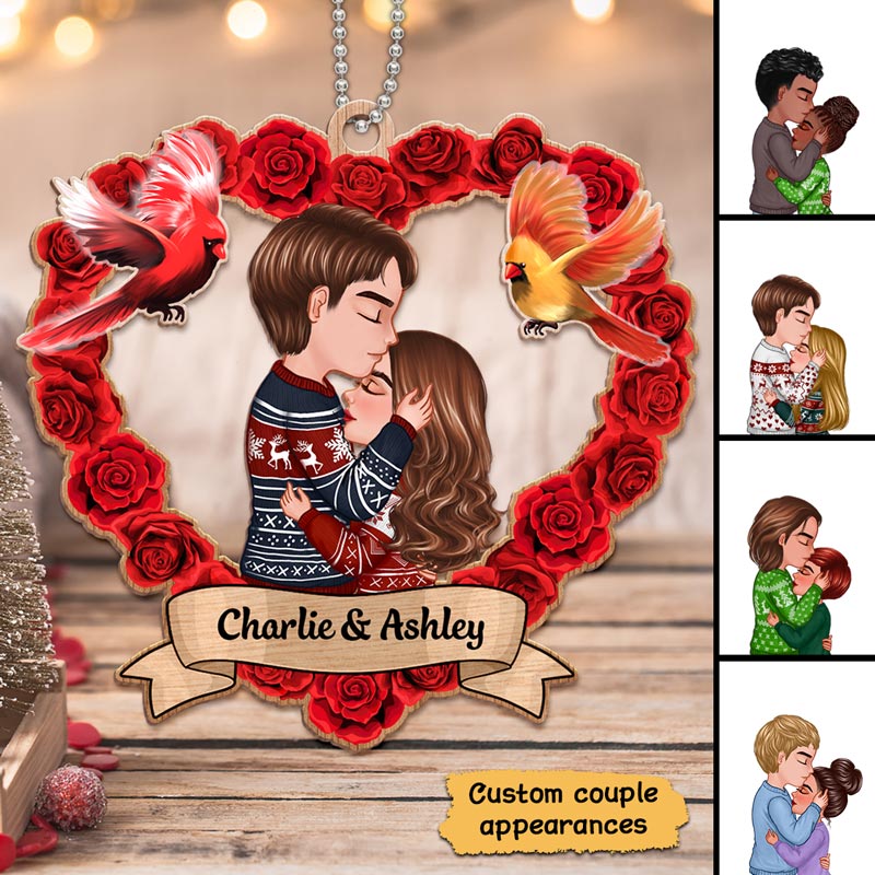 Rose Heart Couple Personalized Christmas Wooden Ornament