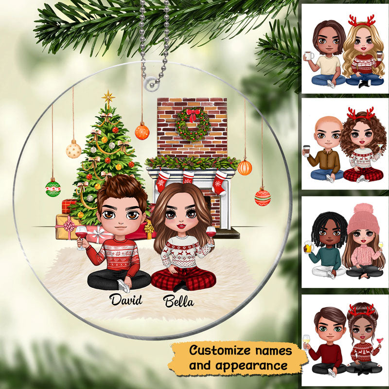 Doll Couple At Christmas Fireplace Personalized Acrylic Ornament