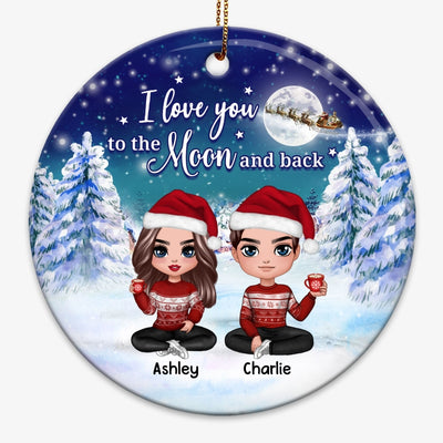 Doll Couple Sitting Under Moon Light In Christmas Night Personalized Circle Ornament