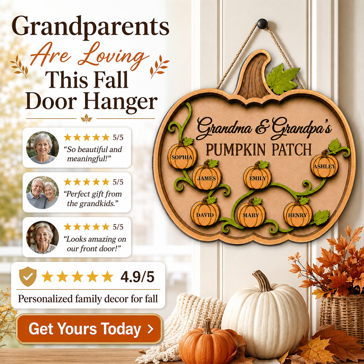 Grandma Grandpa Pumpkin Vine 2D Flat - Personalized Wood Sign - Fall Season Decoration