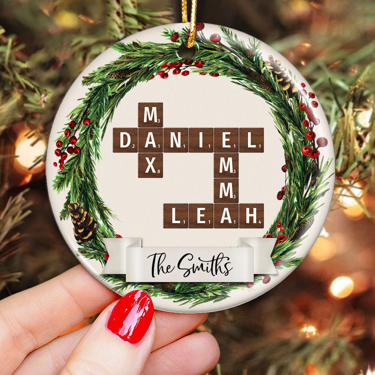 Family Wreath Crossword Puzzle Personalized Ceramic Ornament, Christmas Tree Decor, Christmas Gift for Husband, Wife, Children