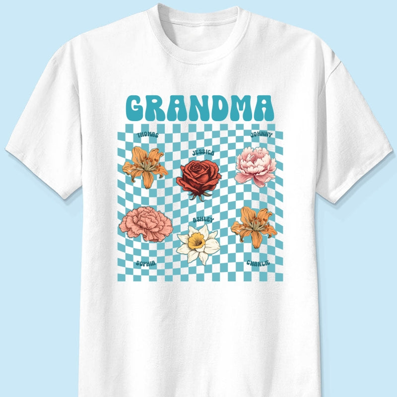 Grandma Mom With Kids' Birth Month Flowers RETRO Personalized Shirt, Birthday Gift, Gift For Mom Grandma