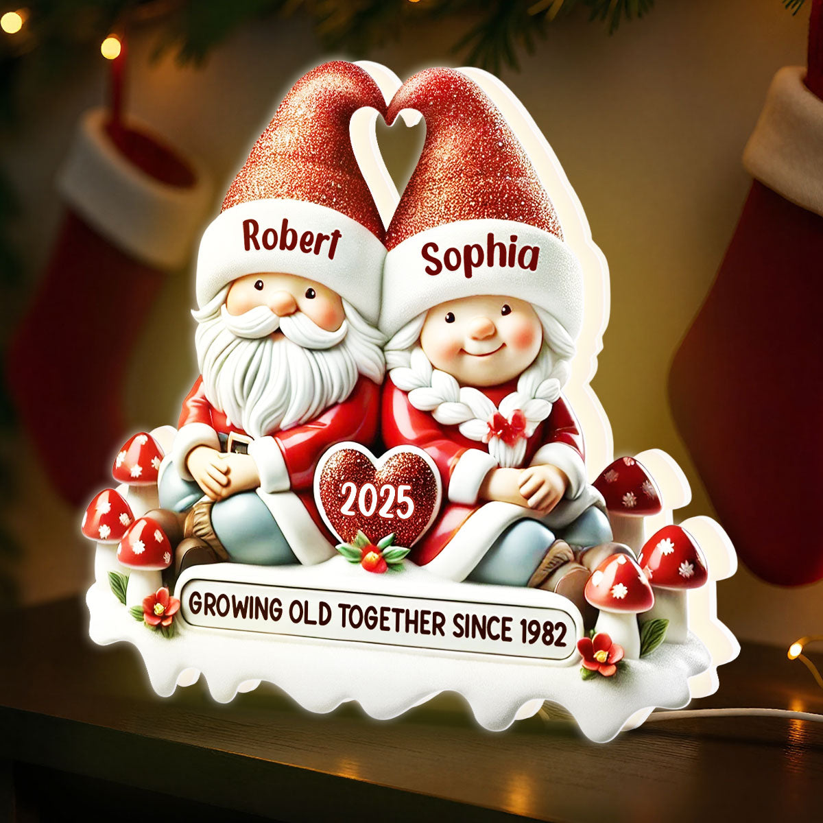 3D Effect Gnome Couple Growing Old Together Christmas - Personalized Light Box