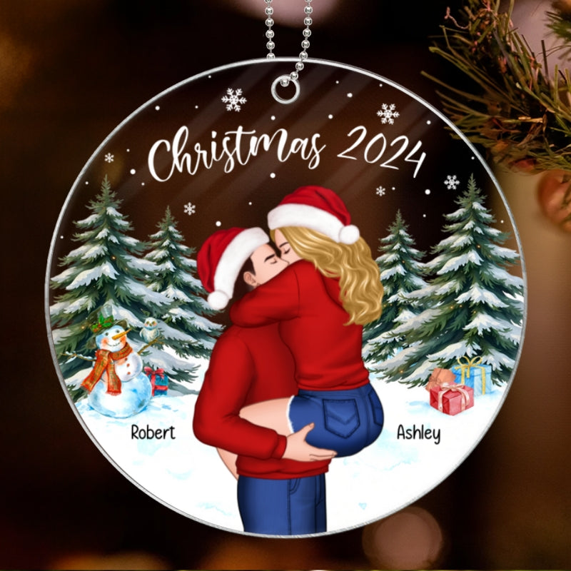 Couple Hugging In Winter Night Christmas Tree Personalized Acrylic Ornament, Christmas Gift For Him, Gift For Her
