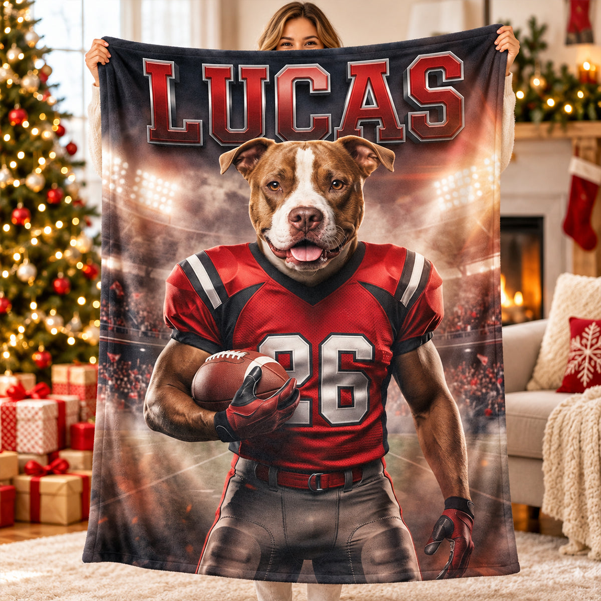 Custom Football Dog Cat Portrait from Photo - Personalized Fleece Blanket - Christmas Gift for Pet Lovers