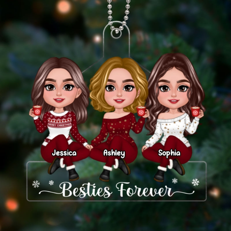 Pretty Besties Sisters Sitting Red Clothes Christmas Gift Personalized Acrylic Ornament