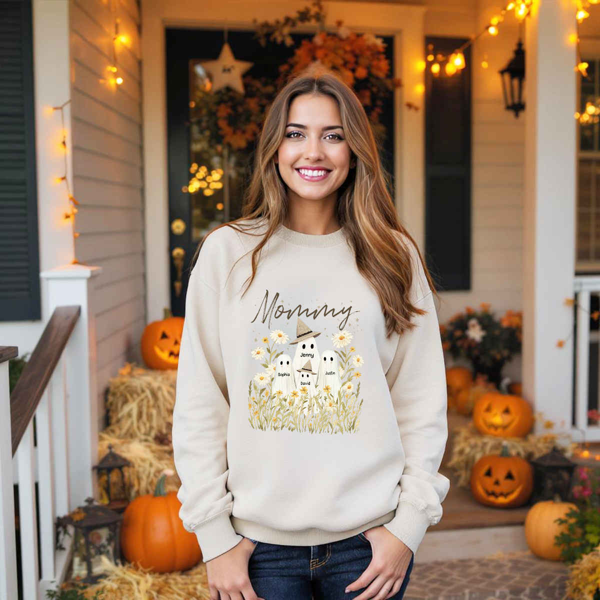 Cute Ghost Grandma And Kids In Wildflowers Spooky Fall Personalized Sweatshirt