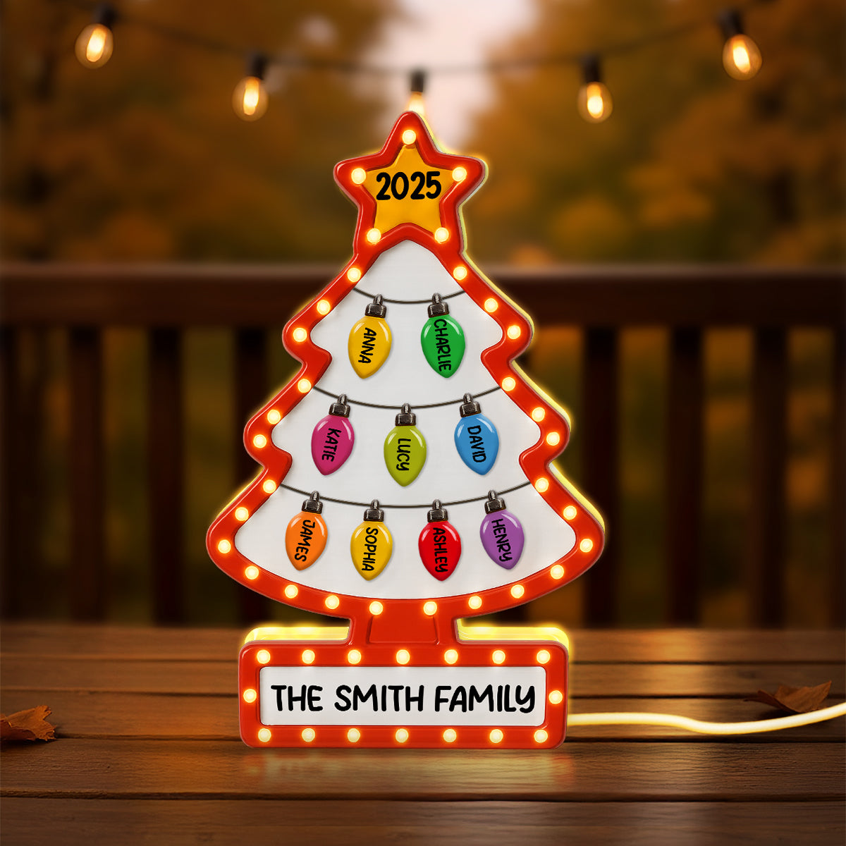3D Effect Christmas Tree Lights Marquee Texture Family Members Names Personalized LED Light Box