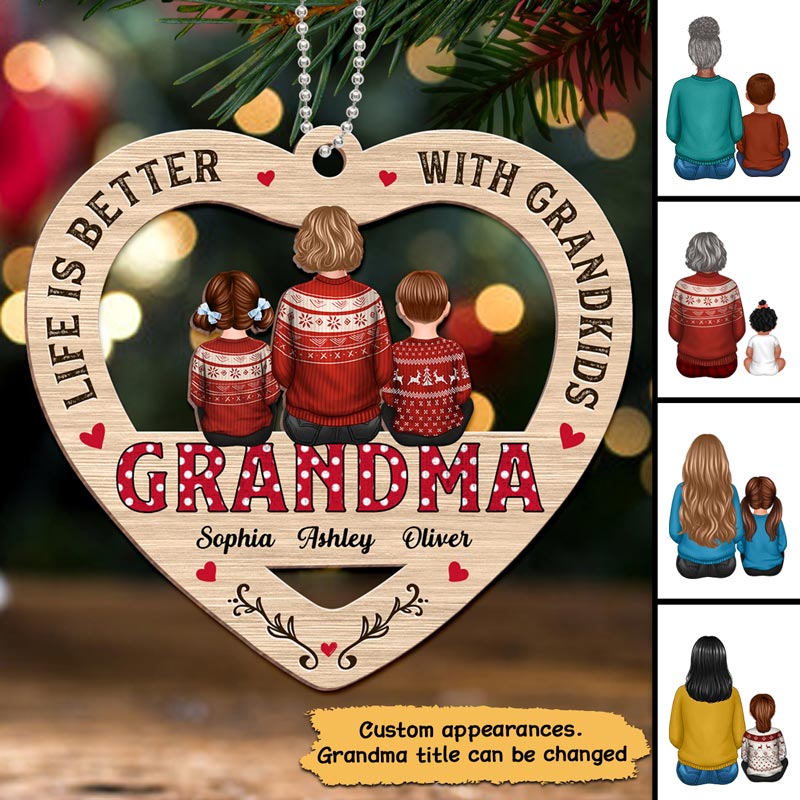 Polka Dot Grandma Grandkids Personalized Wooden Ornament