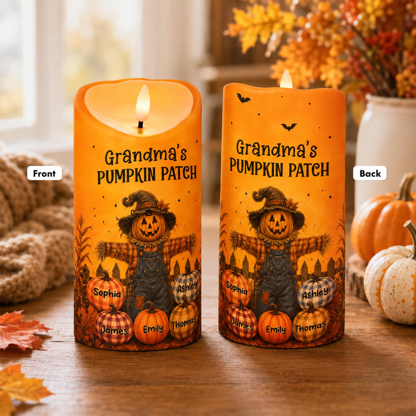 Grandma's Pumpkin Patch Scarecrow - Personalized LED Candle - Fall Season, Halloween Decor For Grandma