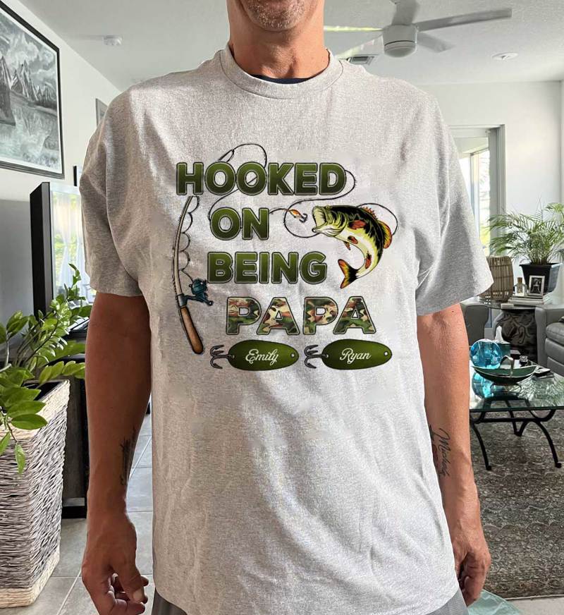 Hooked On Being Grandpa Papa Fishing Camouflage - Personalized Shirt - Gift For Proud American Dad, Grandpa