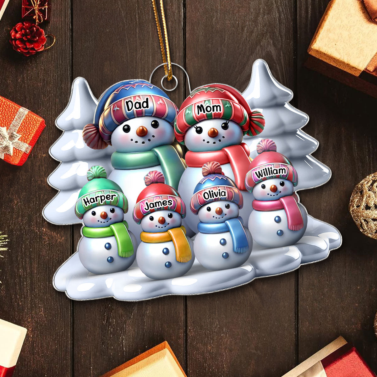 3D Effect Winter Snowmen Happy Family Dad Mom Grandpa Grandma With Kids Personalized Acrylic Ornament