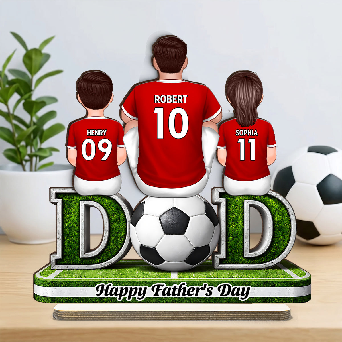 Soccer Dad And Kids Sitting Together - Personalized 2-Layered Wooden Plaque - Heartfelt Gift For Soccer Dad, Gift For Husband