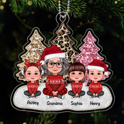 Pink Leopard Faux Sequin Effect Christmas Trees Grandma & Grandkids Crossed Legs Sitting Personalized Acrylic Ornament