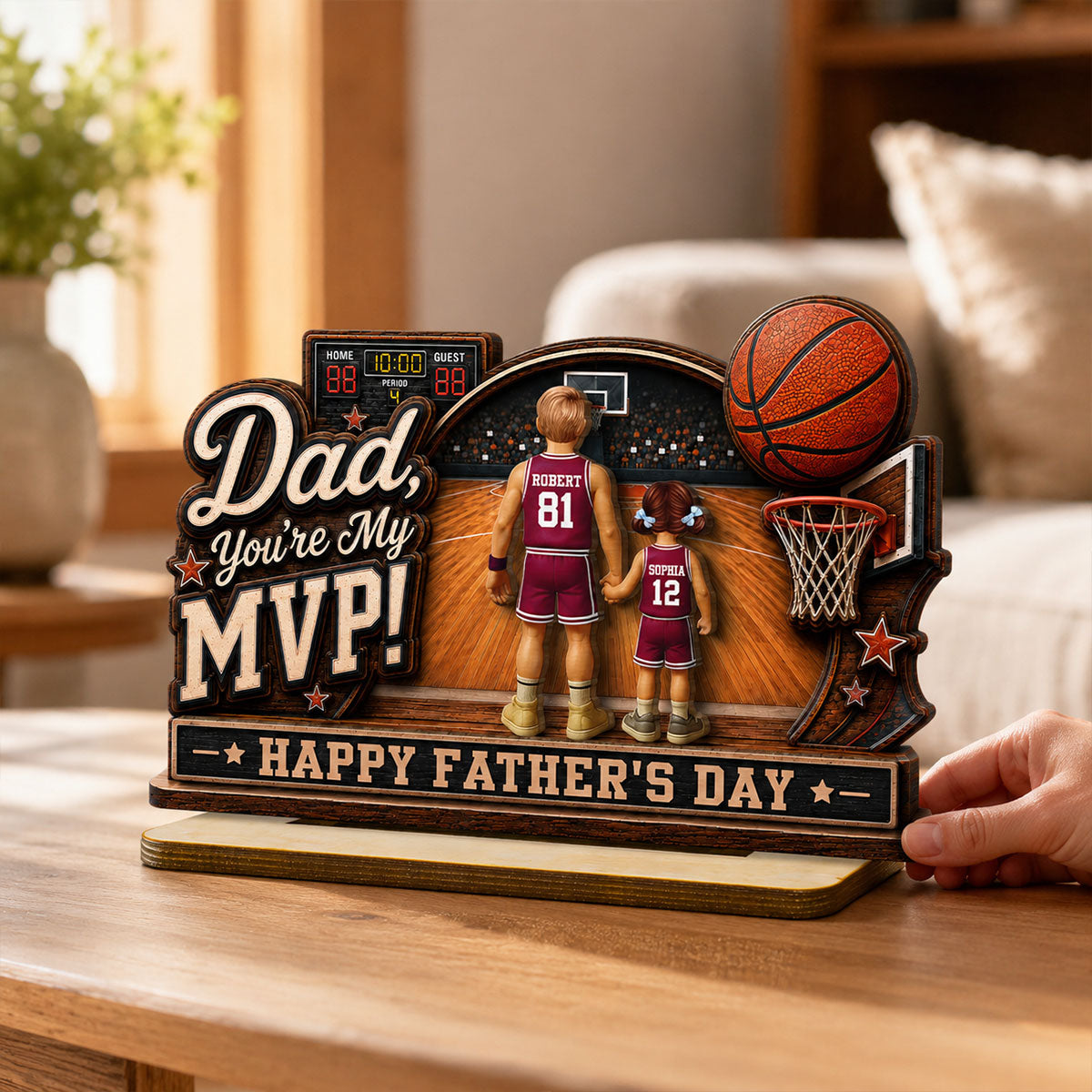 Dad You Are Our MVP Standing Basketball Man & Kids 2D Flat - Personalized 2-Layered Wooden Plaque - Father's Day Gift For Basketball Dad