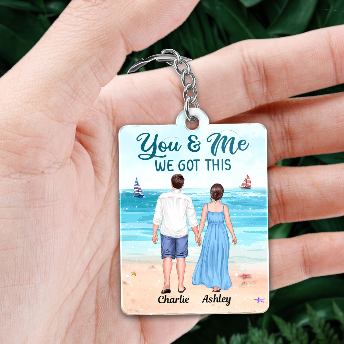 Summer Couple Standing Back View Favorite Song Scannable QR Code Personalized Acrylic Keychain