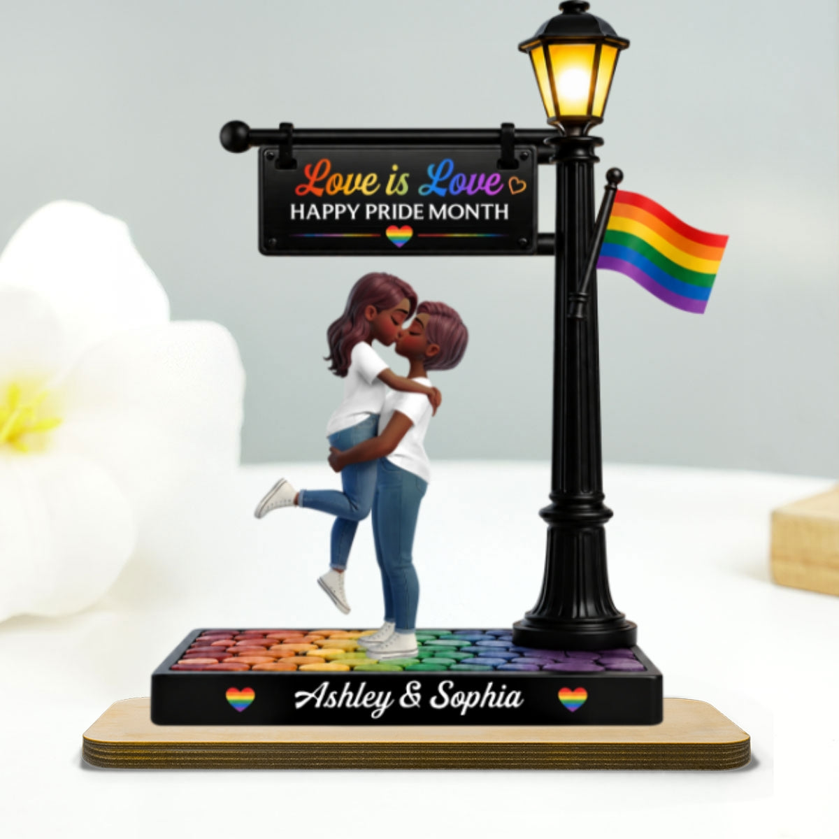 LGBT Couple Under Lamp Post - Personalized 2-Layered Wooden Plaque - Gift For Couple, Happy Pride Month