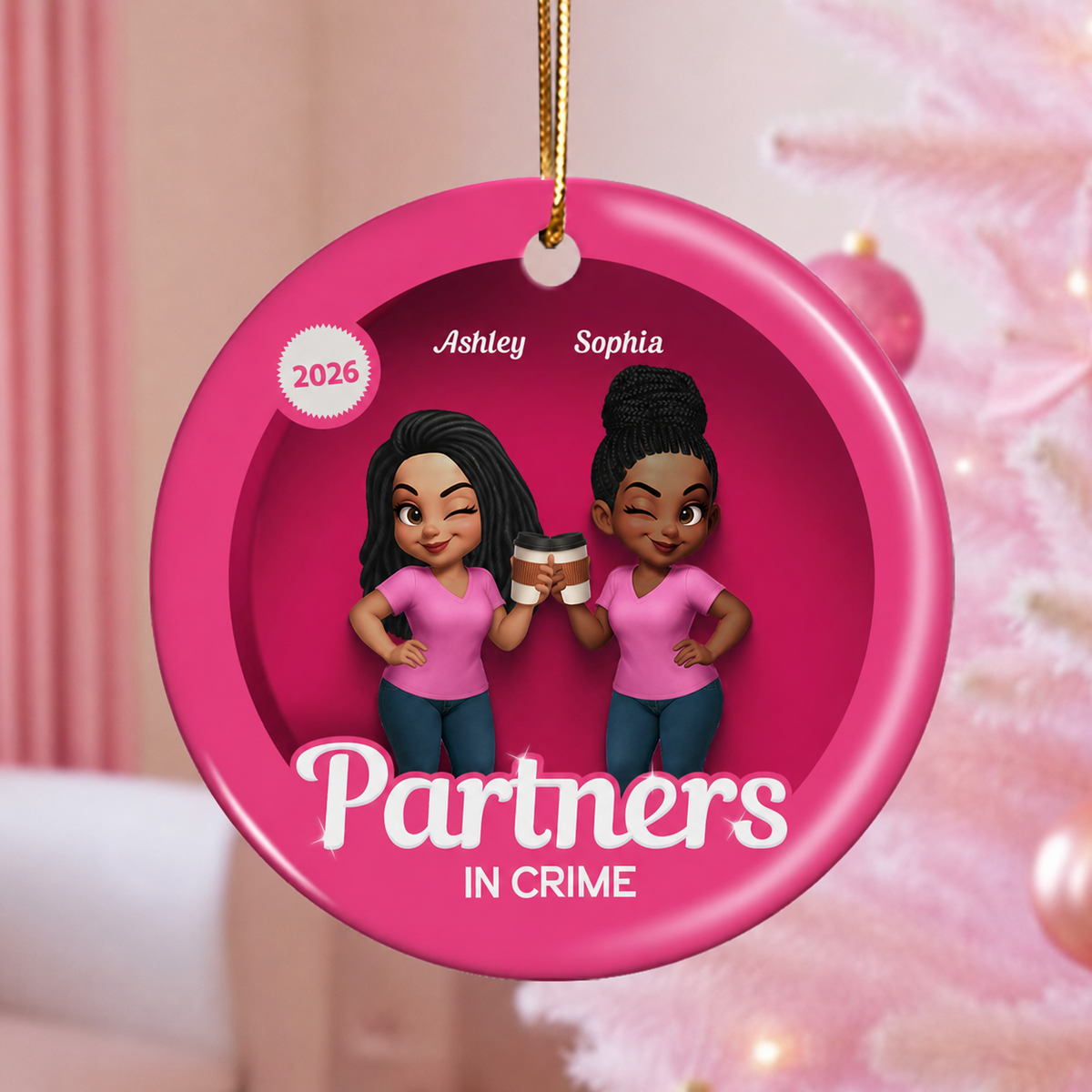 Besties Sisters 3D Effect Pink Toy Box Personalized Circle Ceramic Ornament, Gift for Besties, Best Friends