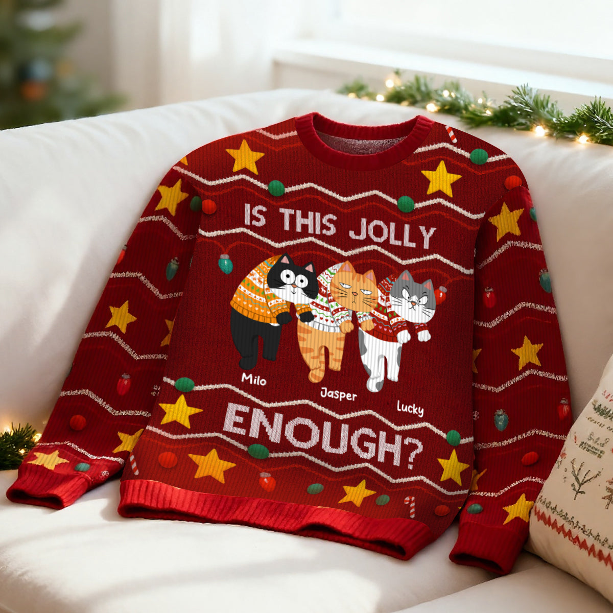 Christmas Hanging Cats Meowy Catmas - Personalized Ugly Sweater - Gift For Cat Lovers
