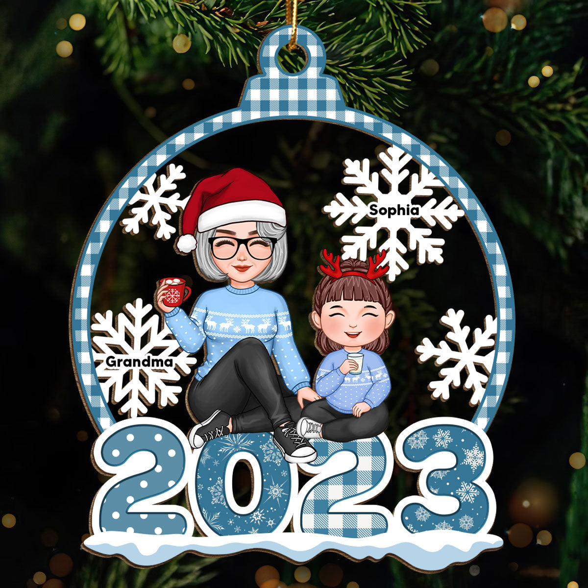 Blue Pattern Snowflake Cute Grandma Grandkids Sitting On 2023 Personalized Wooden Ornament