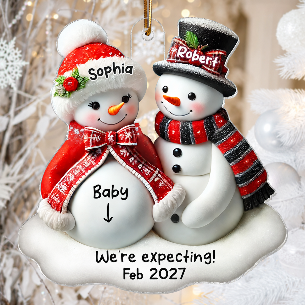 Snowman Couple Expecting Parents Pregnancy Announcement 3D Effect Keepsake Personalized Acrylic Ornament
