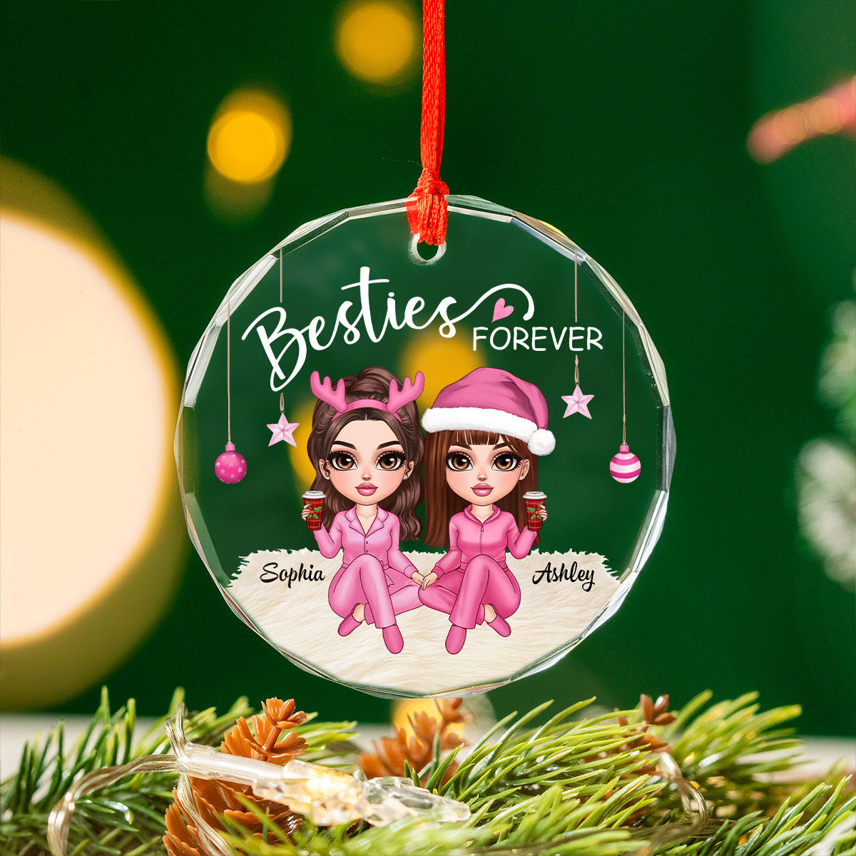 Besties Forever Pink Clothes Y2K Best Friends Personalized Glass Ornament, Friendship Christmas Gift