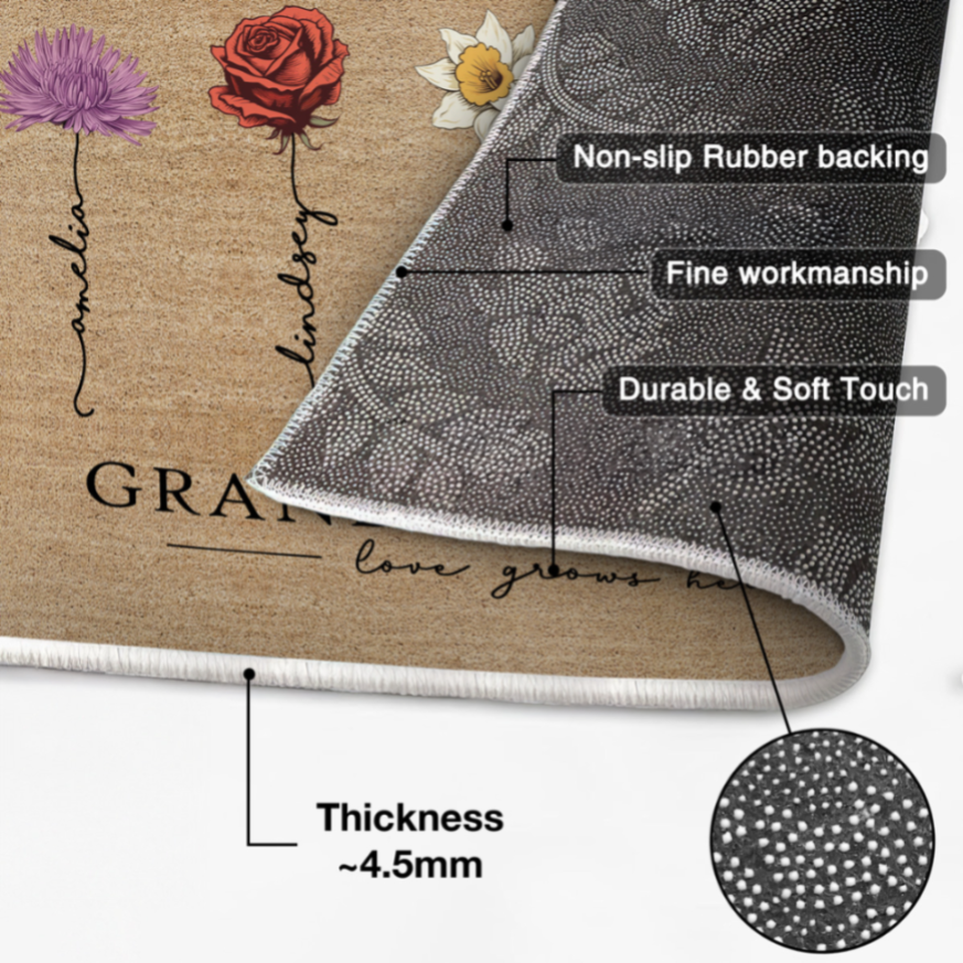 [FREE DELIVERY - Limited time offer] Grandma‘s Garden Love Grows Here Vintage Birth Flowers Swirl Name Personalized Doormat, Gift For Her, Mom, Grandma