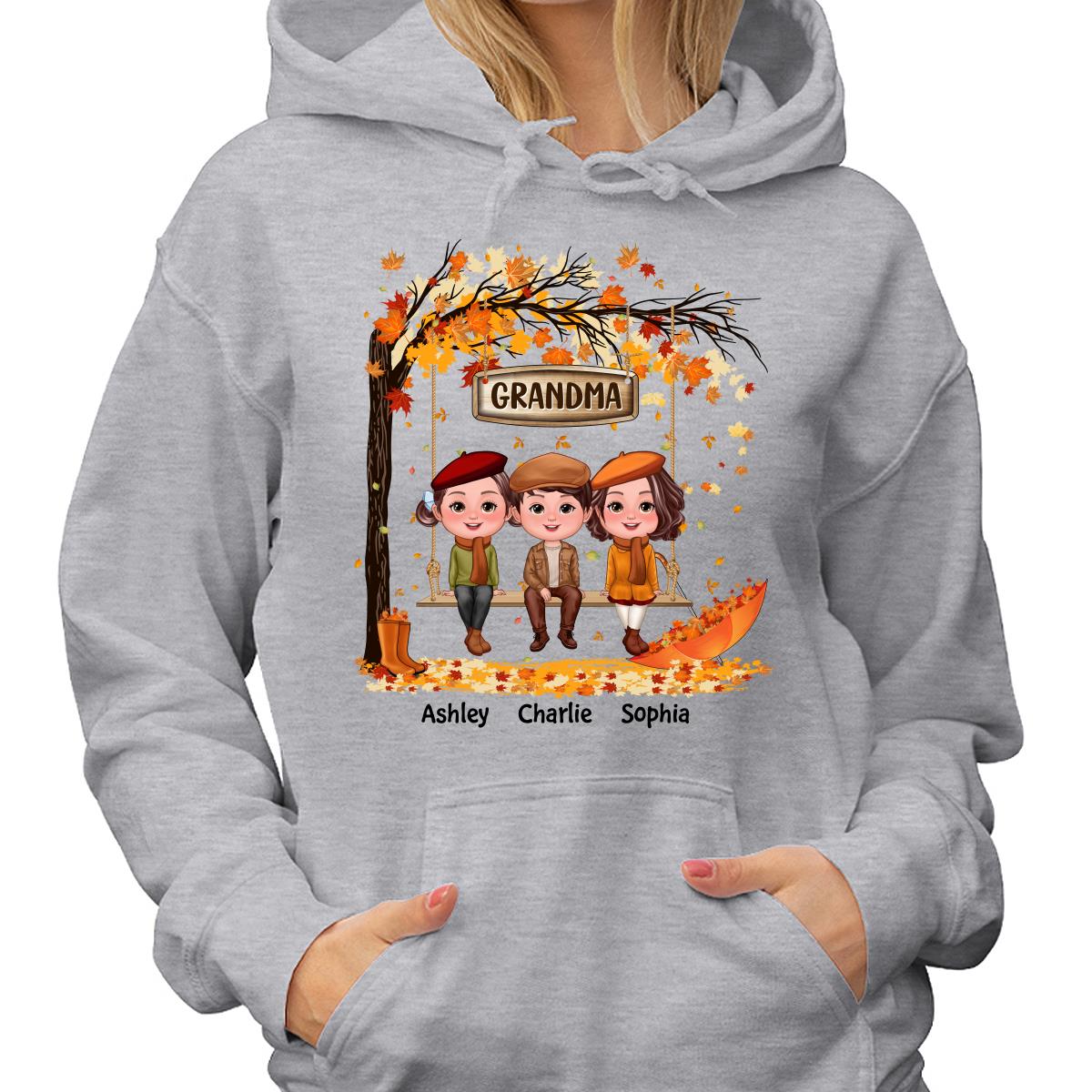 Fall Season Kids Sitting On Swing Grandma Mom Personalized Shirt