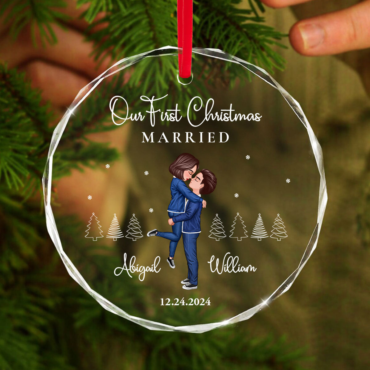Our First Christmas Engaged Married, Newly Engaged Married Couple Personalized Glass Ornament