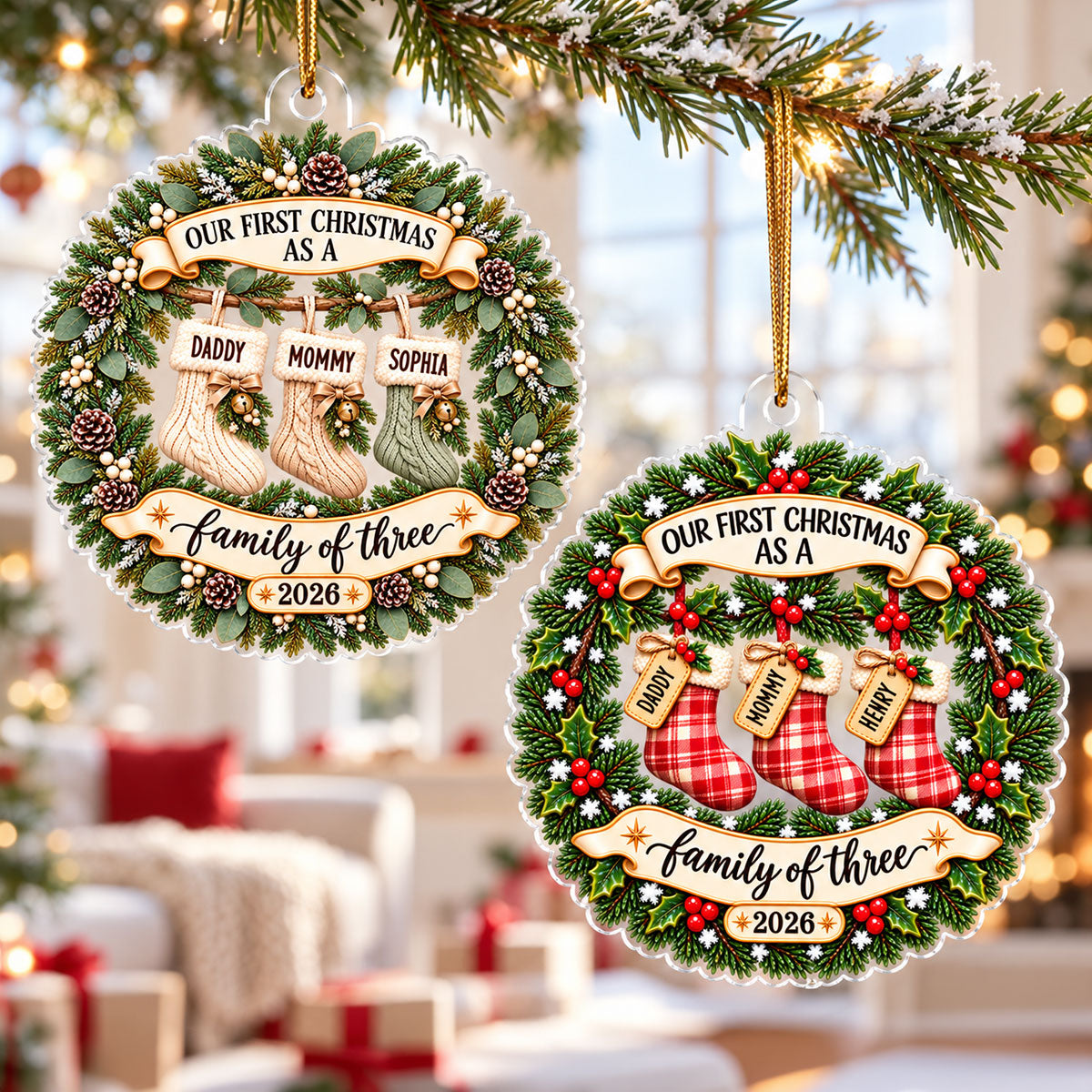 Heartwarming Christmas Wreath Stockings Our First Christmas As Family Of Three - Personalized Acrylic Ornament - Christmas Keepsake, Gift For New Mom, New Dad, New Parents
