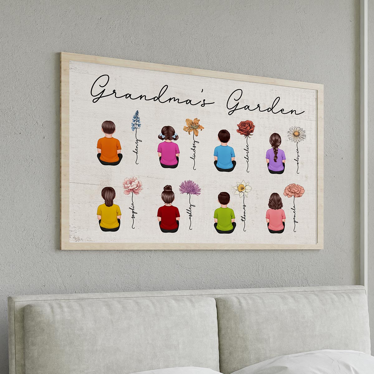 Vintage Birth Month Flowers Garden With Grandkids Names Personalized Poster, Perfect Gift For Grandma Mom Auntie
