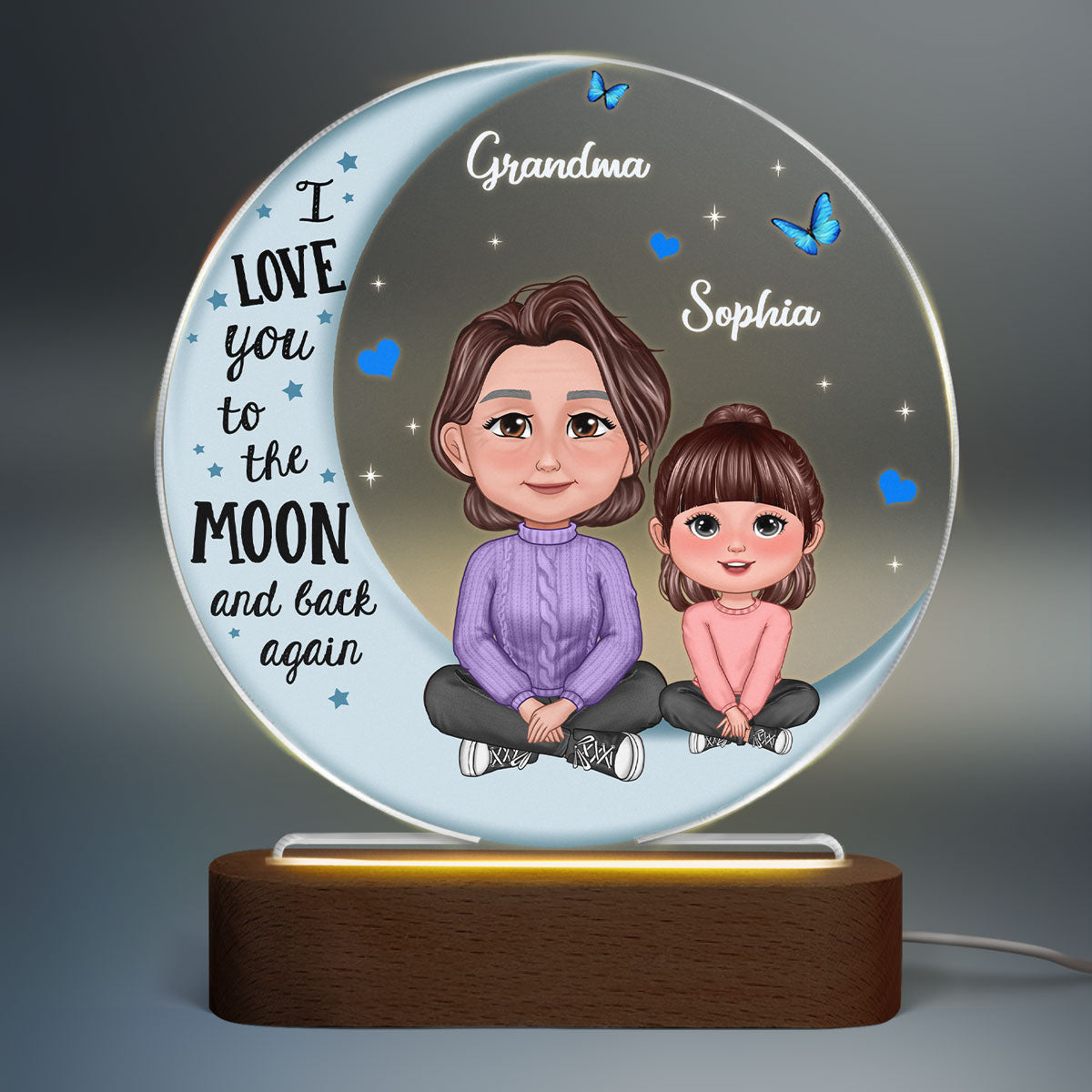 Grandma Grandkid Crossed Legs Blue Moon Personalized Circle Plaque With LED Night Light