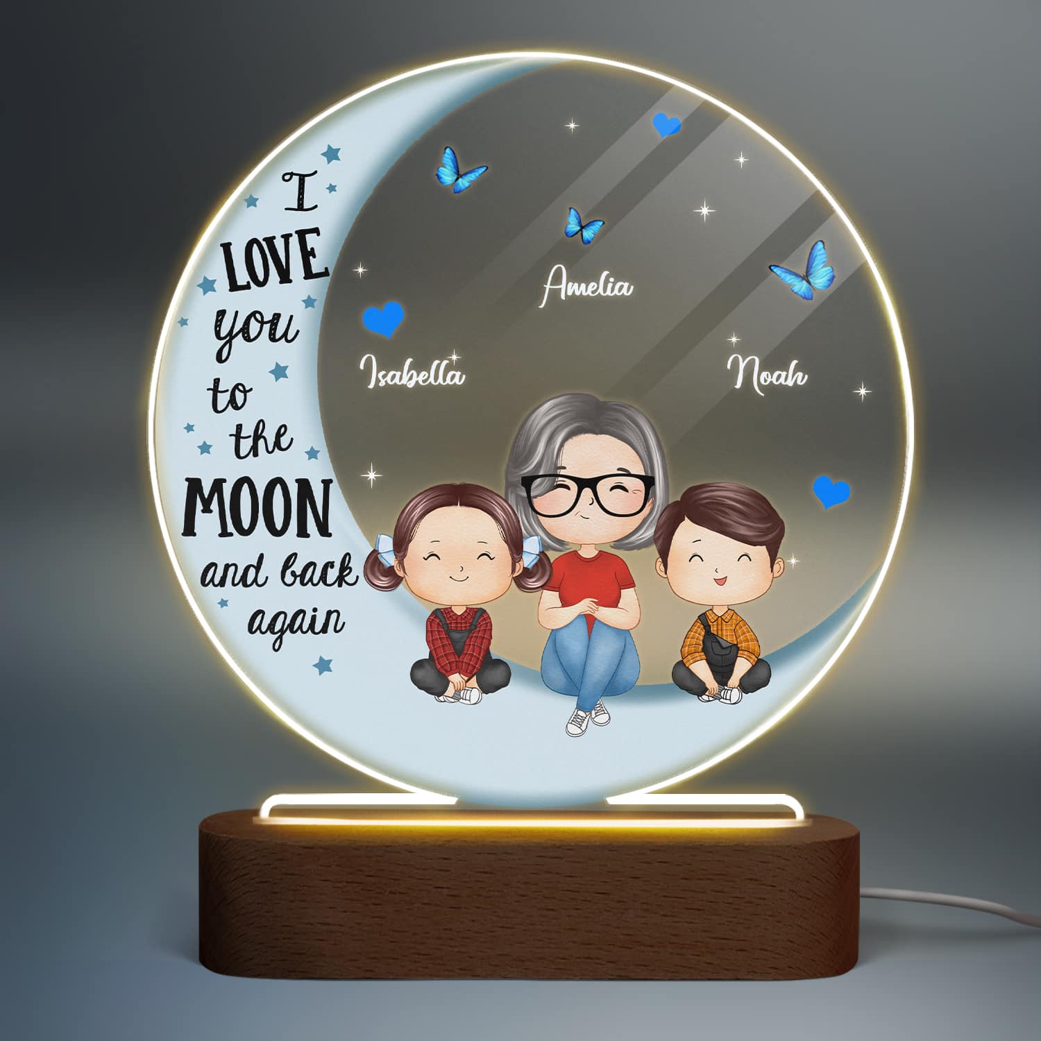 Doll Grandma Grandkids Watercolor Style Blue Moon Personalized Circle Acrylic Plaque LED Night Light