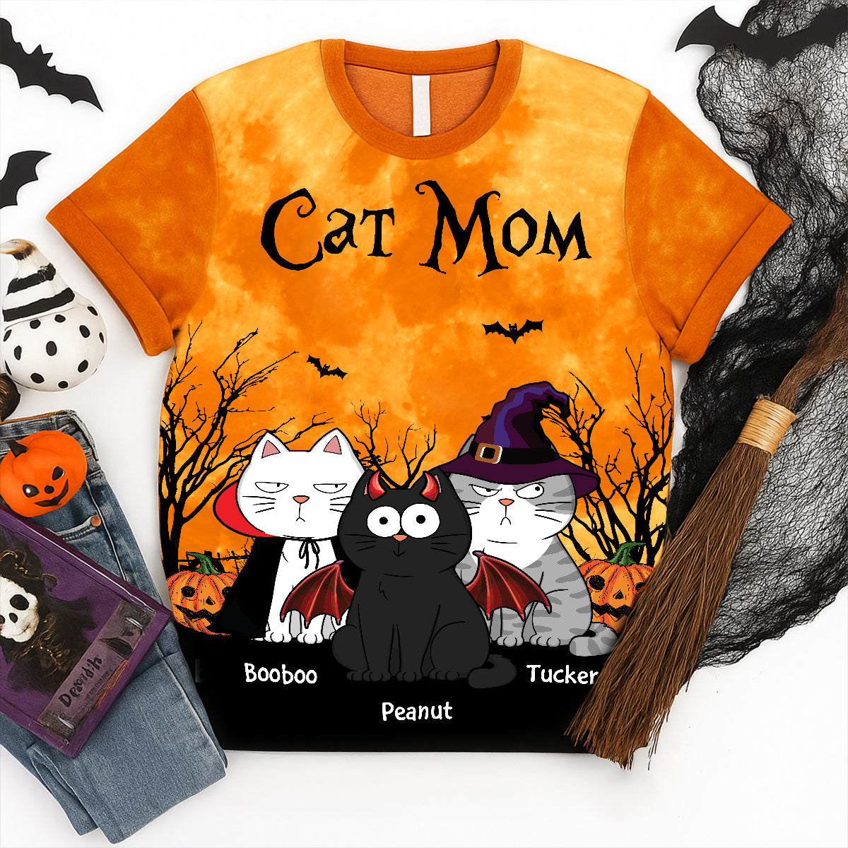 Cat Mom Halloween Moon Light Bat Tree Annoying Cat Personalized Shirt, Purrfect Costume for Cat Lover