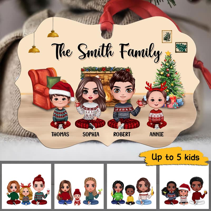Doll Family Sitting At Fireplace Personalized Christmas Ornament