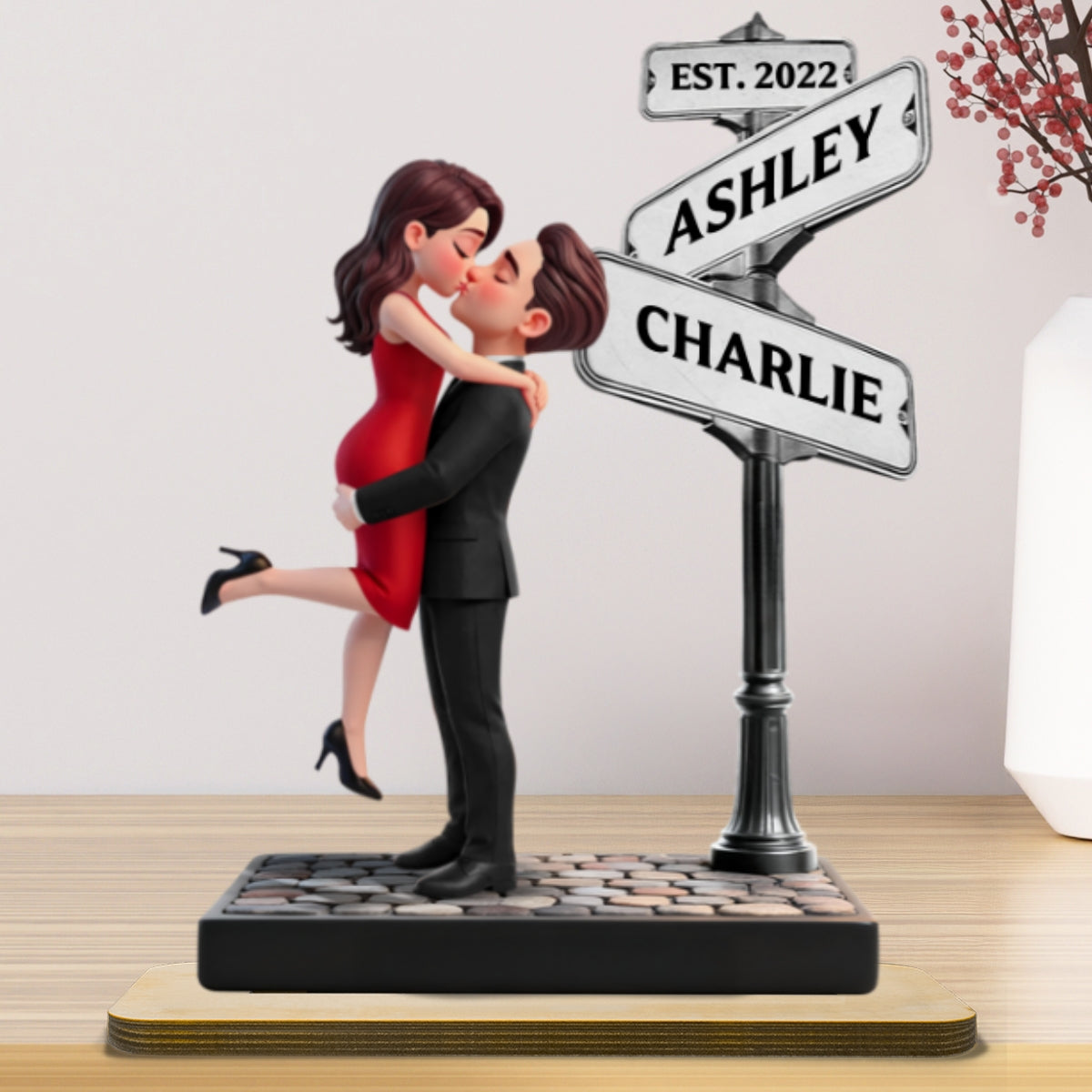 Eternal Love Romantic Couple Hugging Kissing Street Sign - Personalized 2-Layered Wooden Plaque - Heartfelt Valentine's Day Gift For Couple