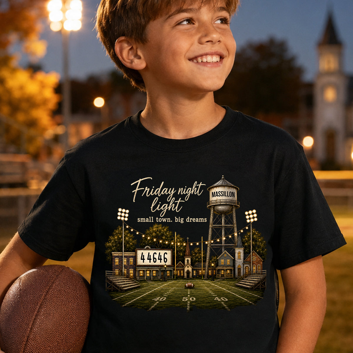 Football Friday Night Light Small Town Big Dreams - Personalized Shirt - Custom Town Name & Zip Code